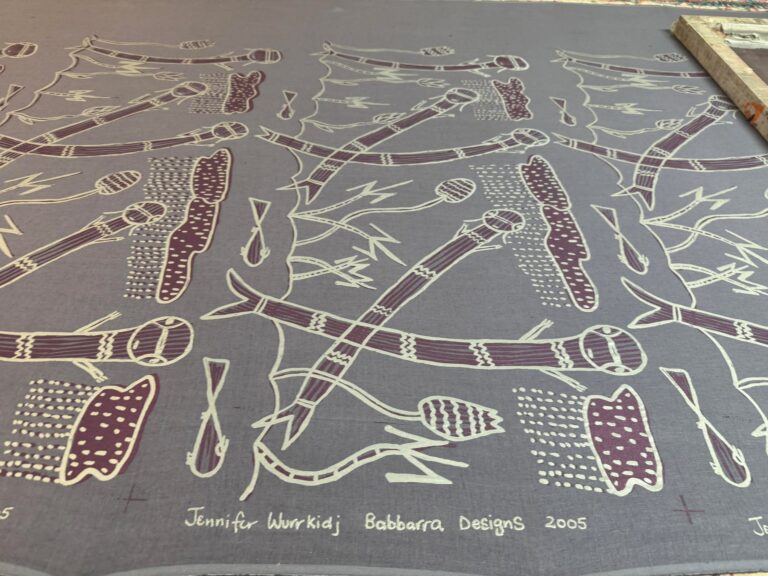 Yawkyawk la Kunronj (freshwater mermaid) 2005 - Screen Print Cotton/line - Jennifer Wurrkidj (dec)